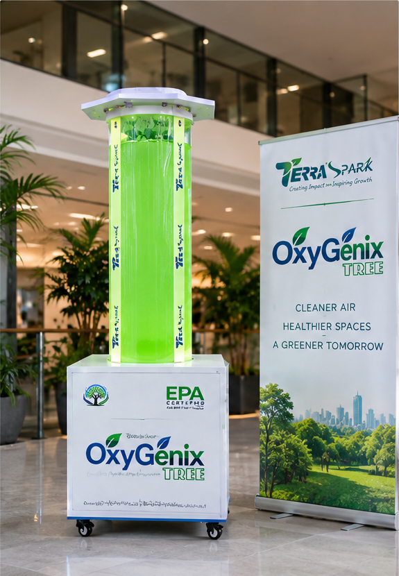 OxyGenix Tree unit by Terra Spark: a tank of green microalgae with its EPA-certified label
